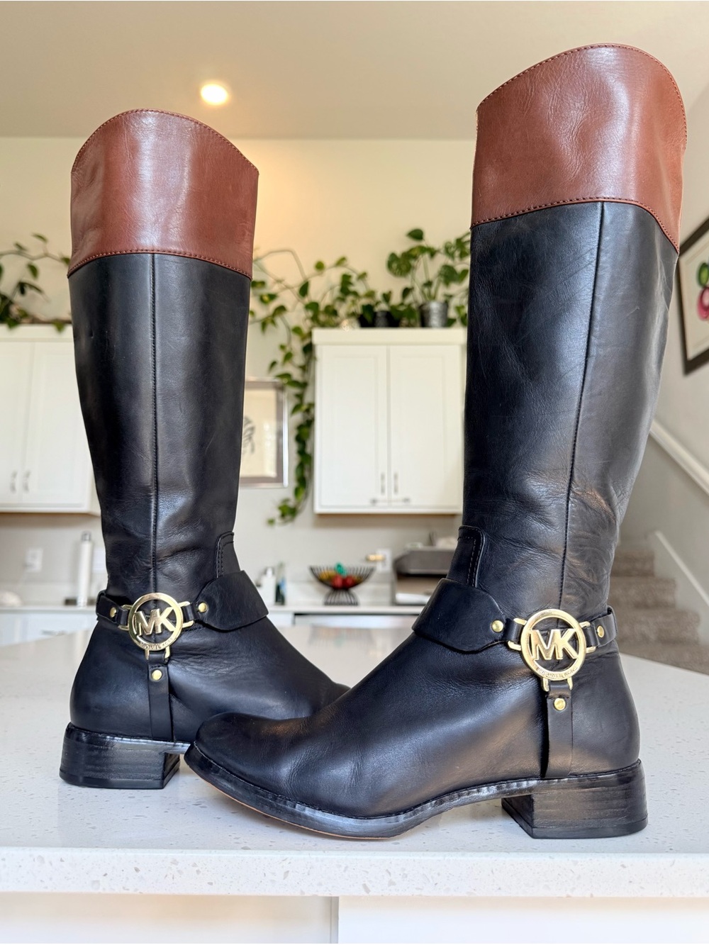 Michael Kors Black Leather Riding Boots with Brown Cuff
